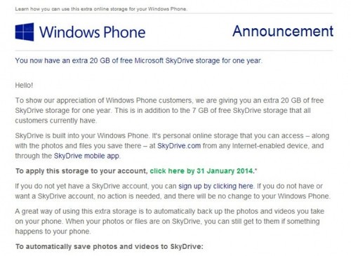 WP用户福音 微软将赠送20GB云存储空间 
